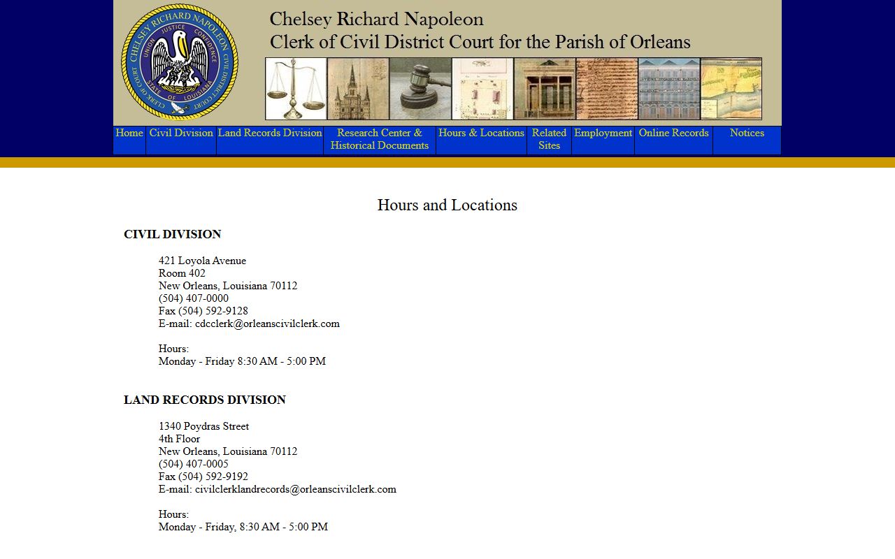 Orleans Parish Clerk of Civil District Court hours and locations