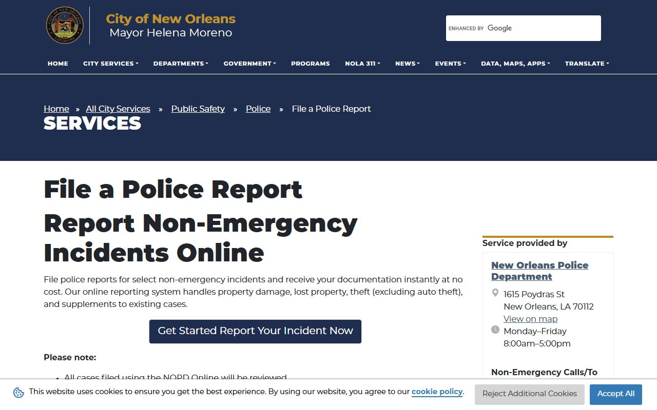 Orleans Parish arrest records and court charges NOPD online police report filing