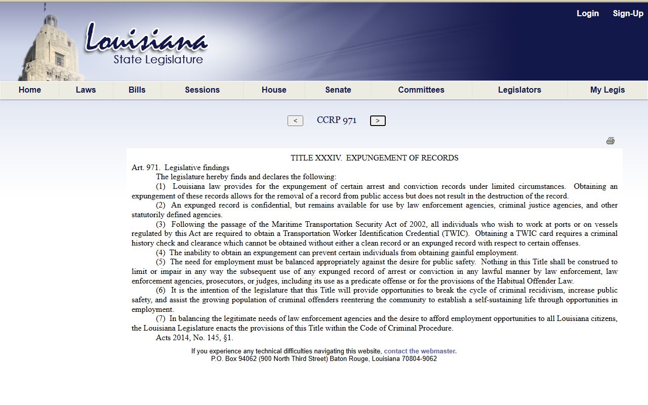 Orleans Parish arrest records and court charges Louisiana expungement findings statute