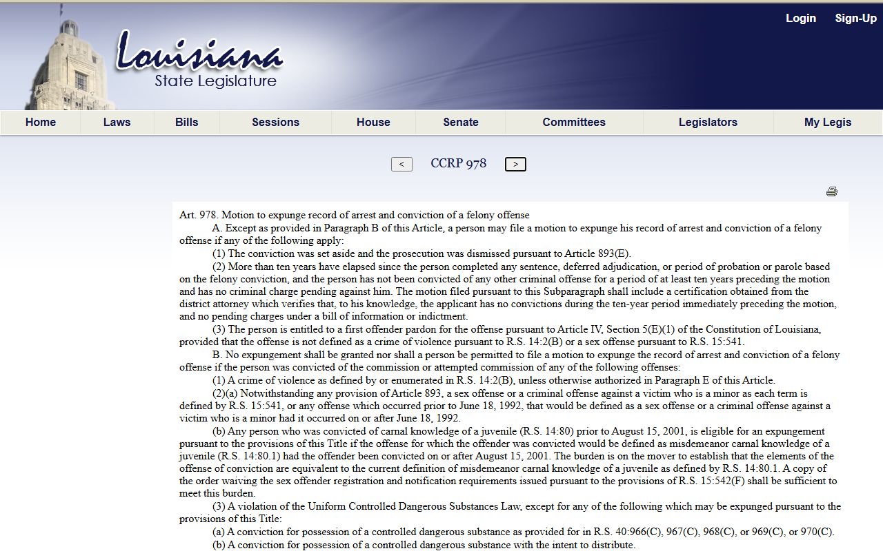 Orleans Parish arrest records and court charges felony expungement eligibility statute