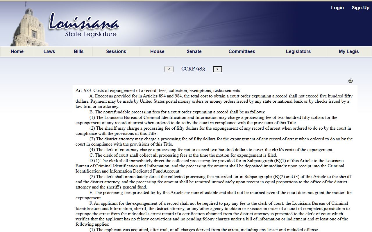 Orleans Parish arrest records and court charges expungement costs statute