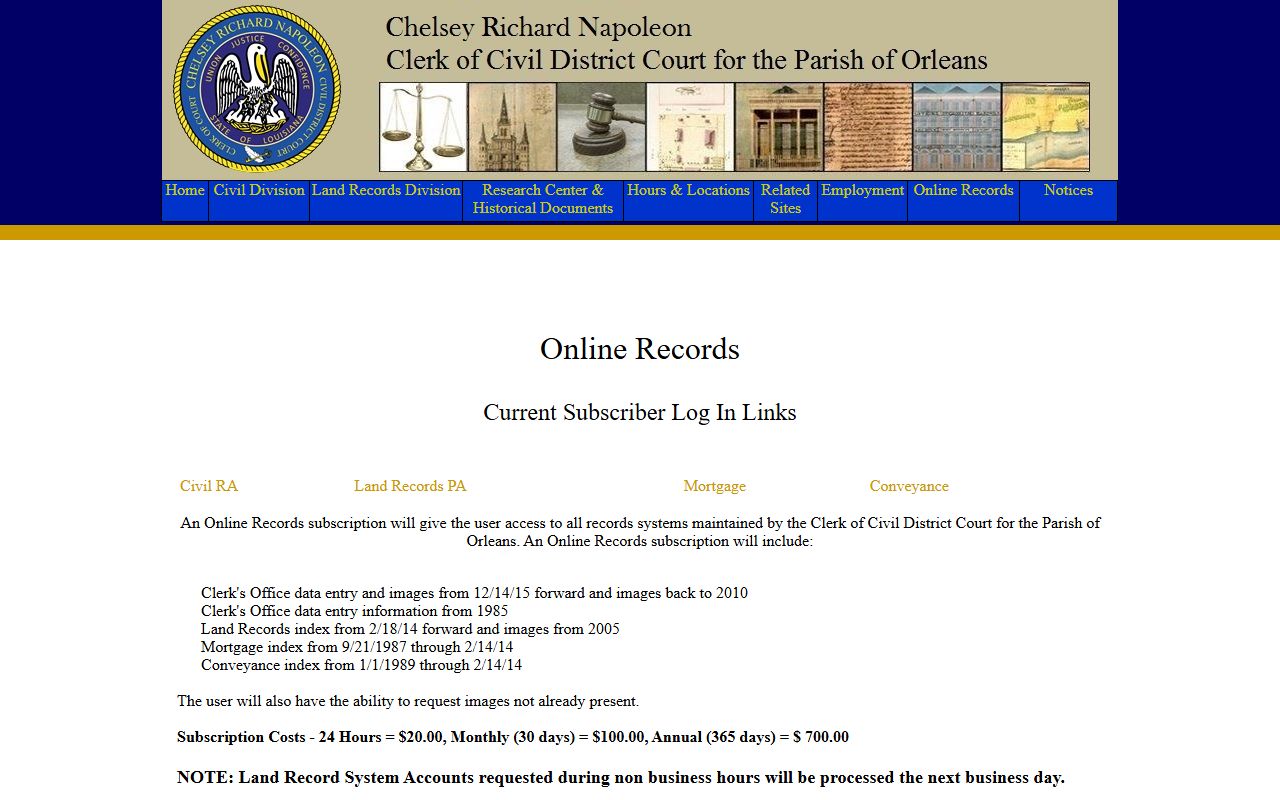 Orleans Parish court records Civil Clerk online records page