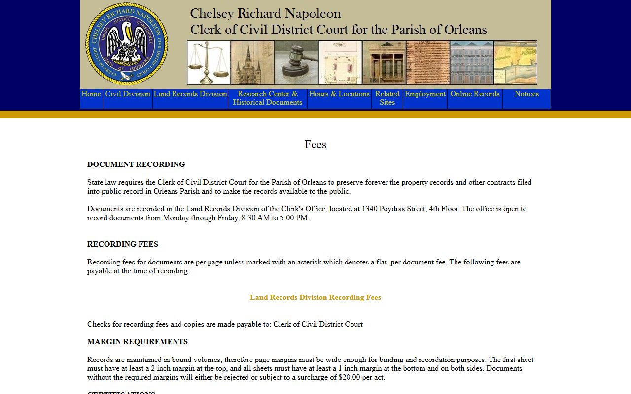 Orleans Parish court records Land Records fee and recording rules