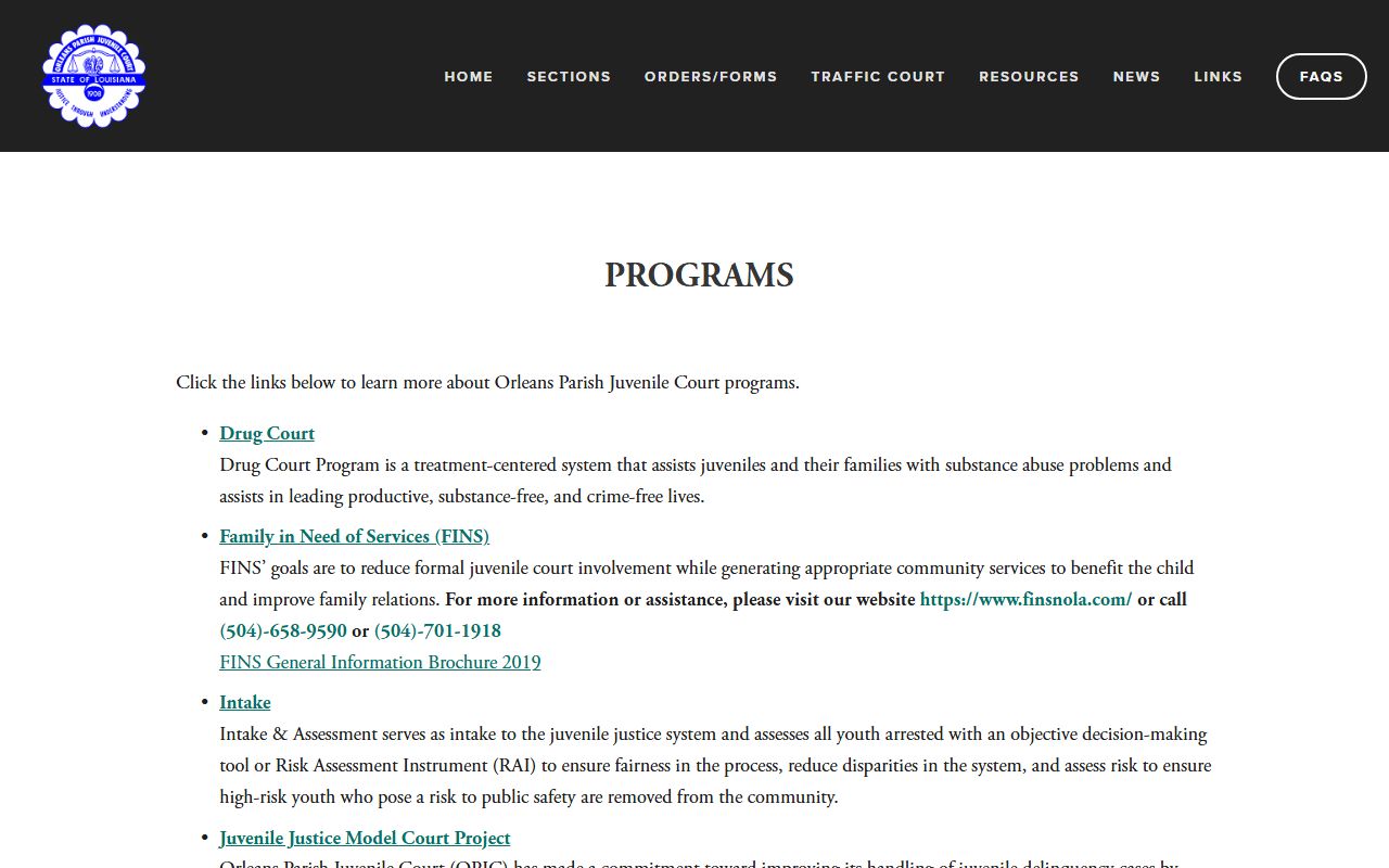 Orleans Parish district court juvenile court programs