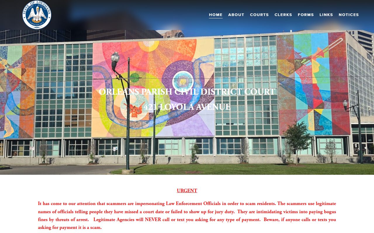 Orleans Civil District Court website with division and court information