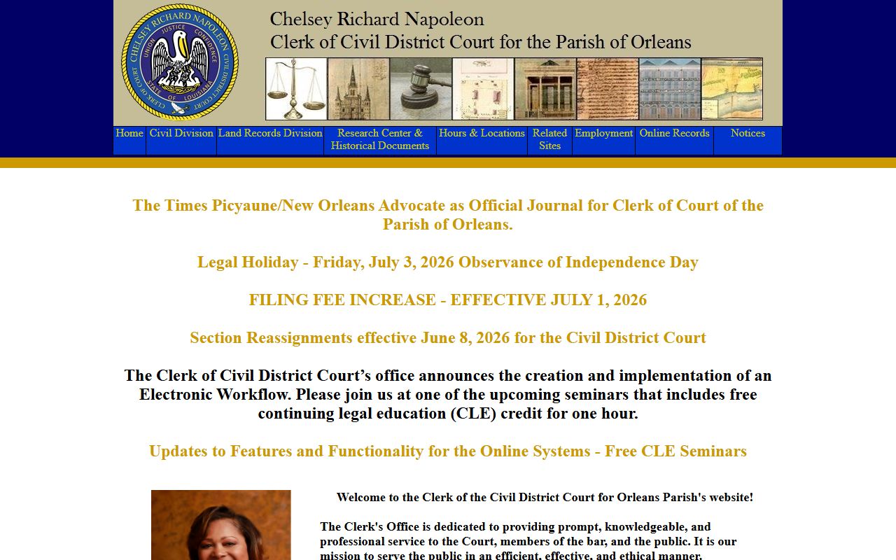 Clerk of Civil District Court home page for Orleans Parish records