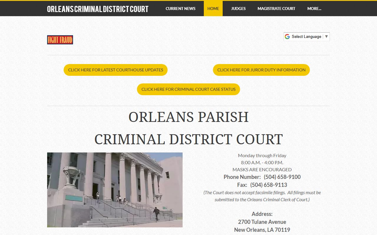 Orleans Criminal District Court home page with courthouse information