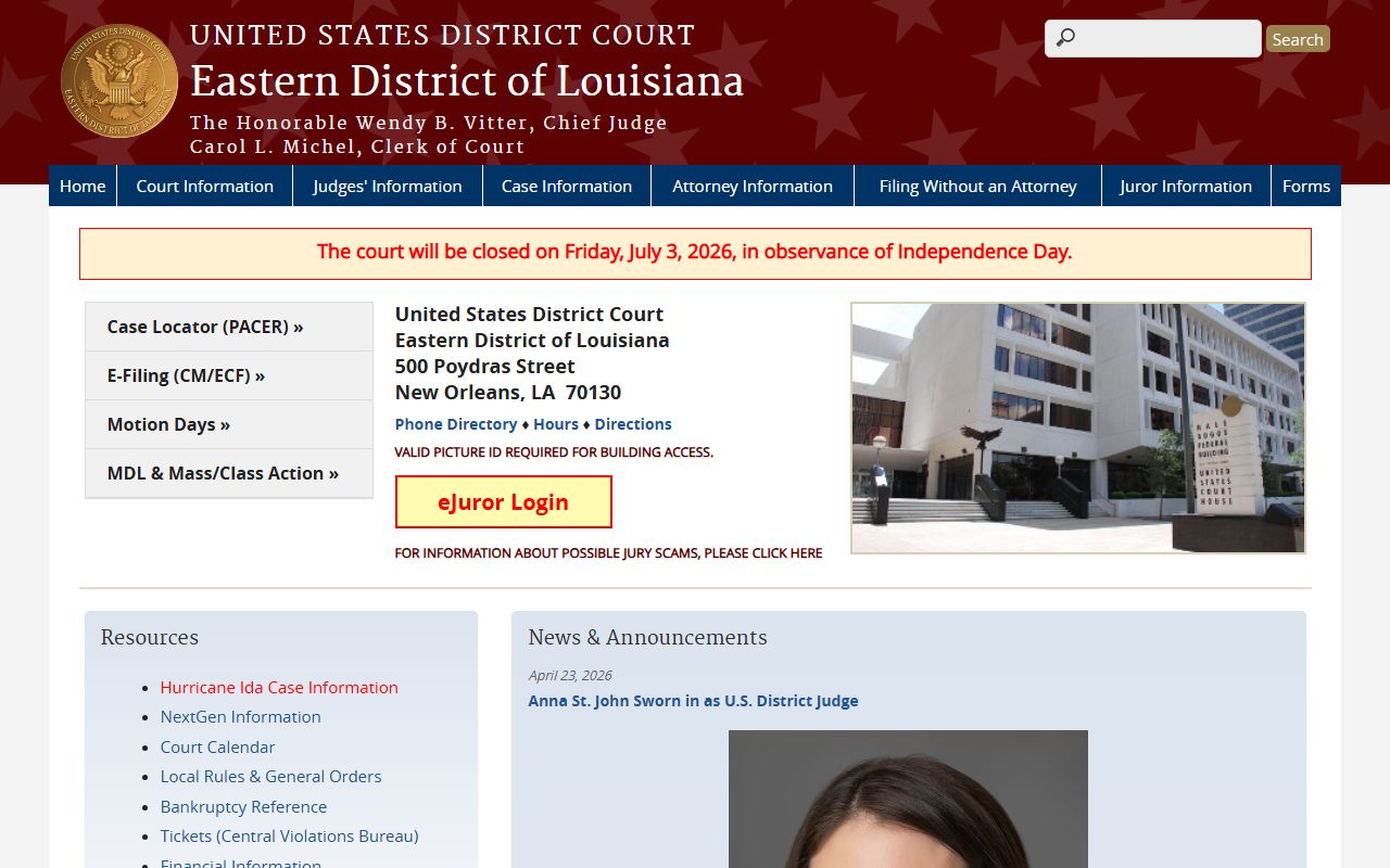U.S. District Court for the Eastern District of Louisiana home page