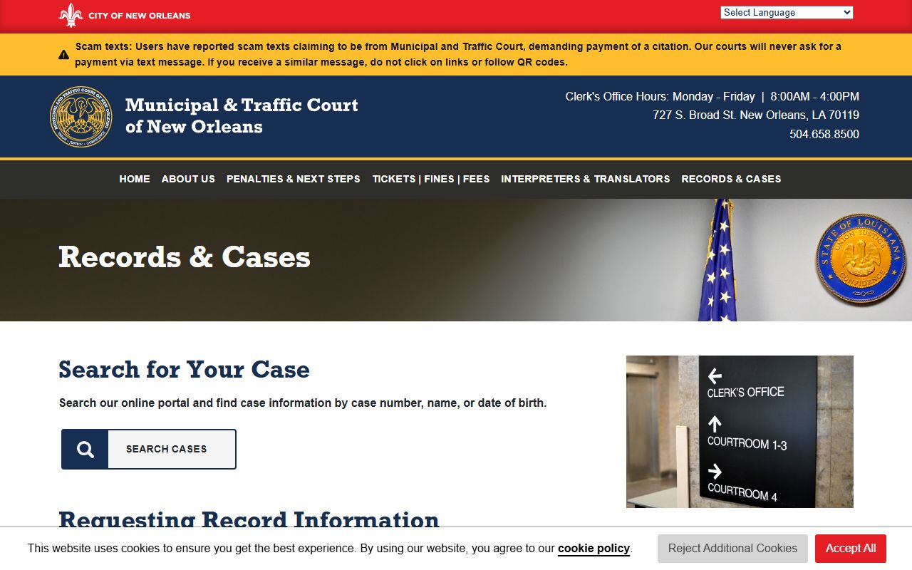 Municipal and Traffic Court records page for Orleans Parish cases
