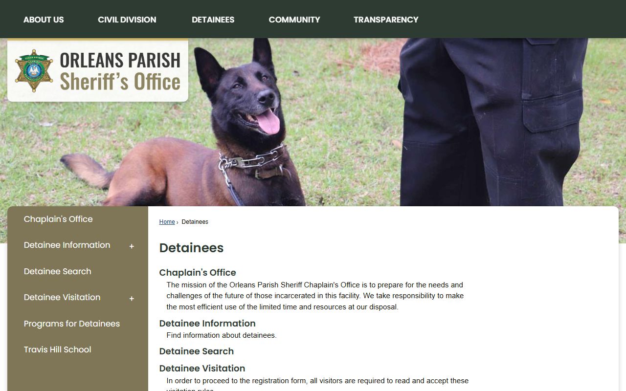 Orleans Parish Sheriff's Office detainee services page