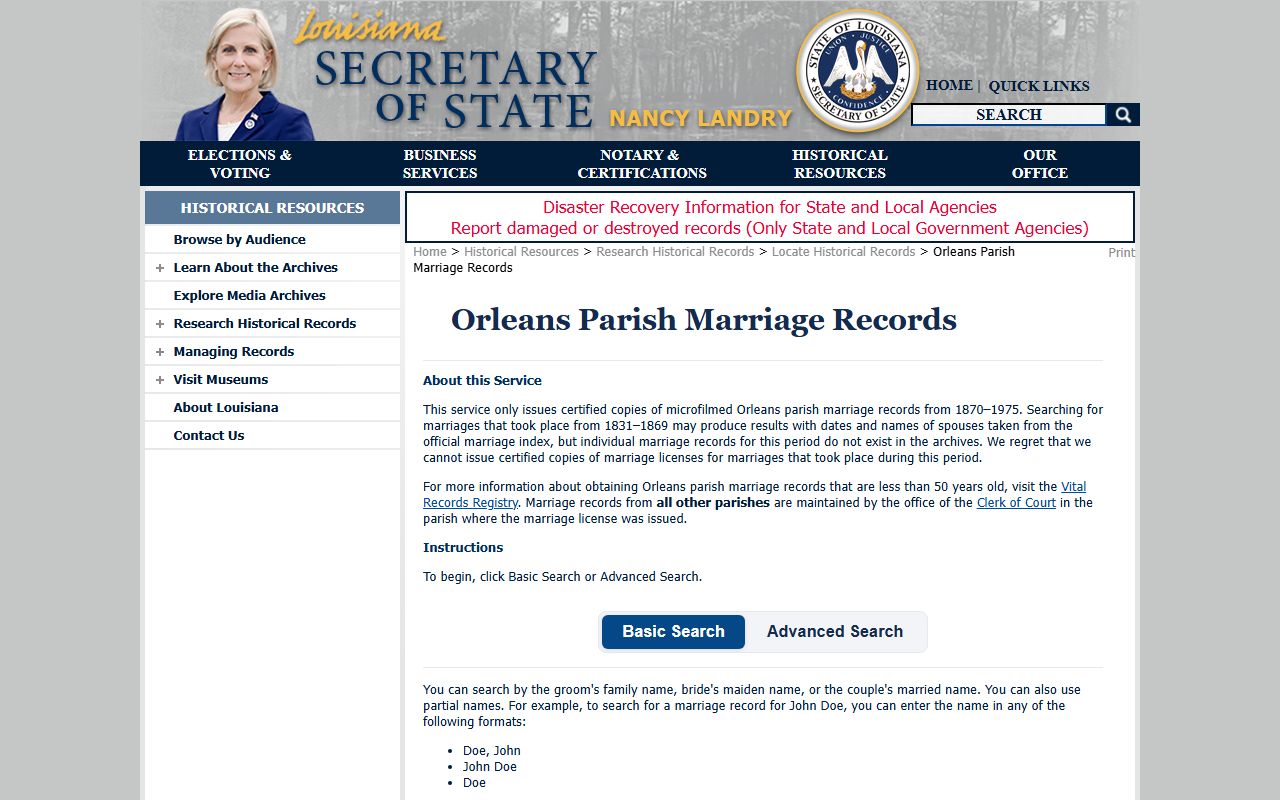 Orleans Parish marriage records historical State Archives page