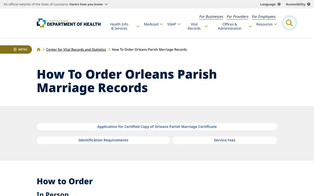 Orleans Parish marriage records LDH mail order route