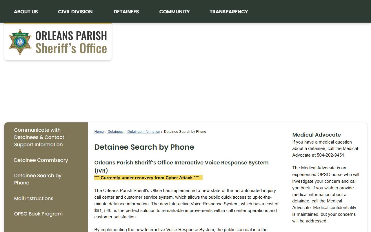 Orleans Parish warrant records sheriff detainee search by phone